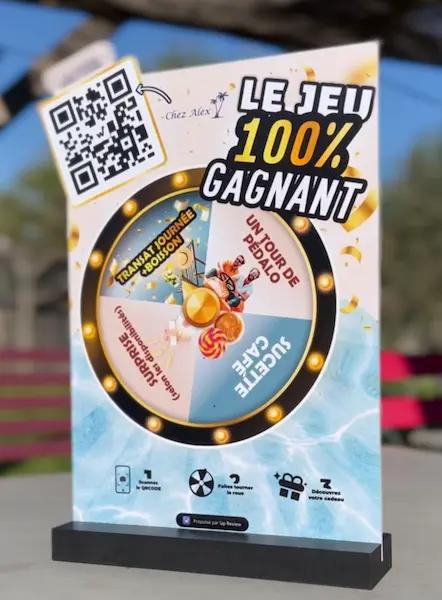 Roue à cadeaux pour jeu concours avec avis Google et QR code Up review