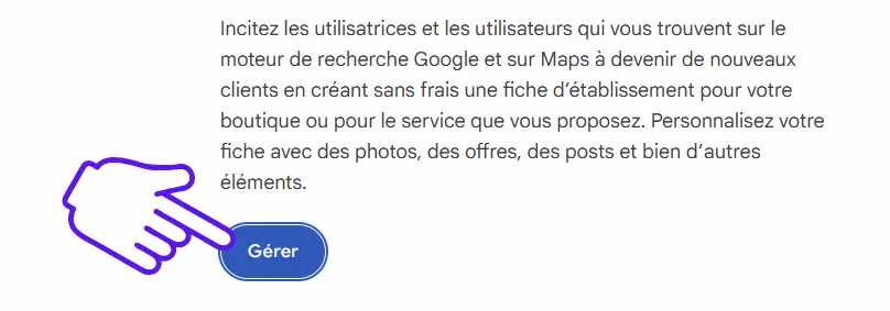 Cliquez sur "Gérer" pour créer une fiche Google My Business
