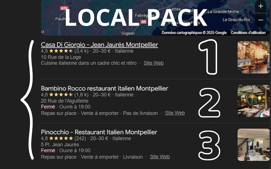 Exemple du Local Pack/ Snack pack pour la recherche "Restaurant italien Montpellier pour le référencement local d'un restaurant